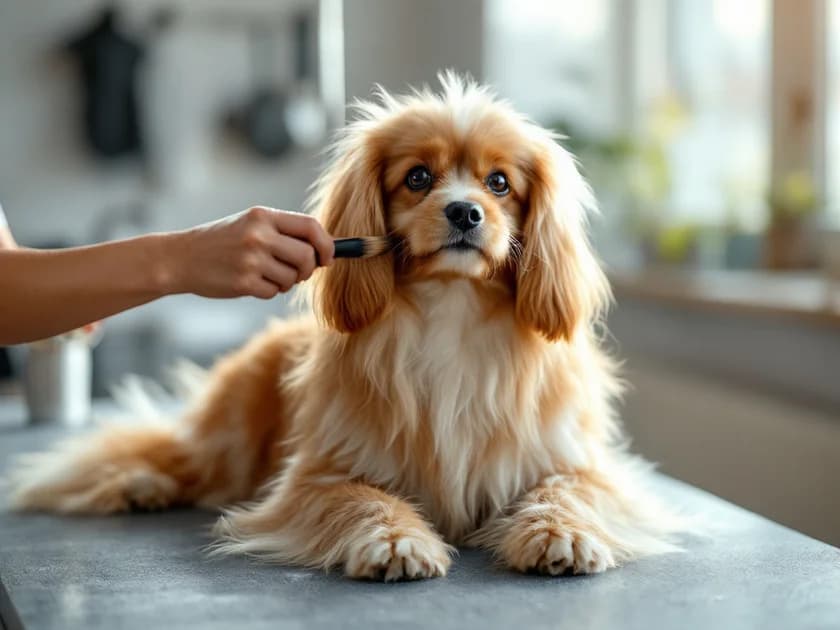 Câine cu blană lungă periat cu grijă pe masa de grooming, în lumină naturală.