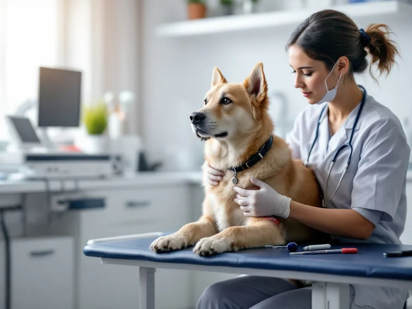 Veterinar prelevând probă de sânge de la un câine calm în cabinetul luminos de consultații veterinare.