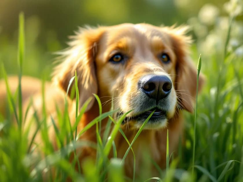 Câine golden retriever care mănâncă iarbă verde într-o grădină luminată de soare.
