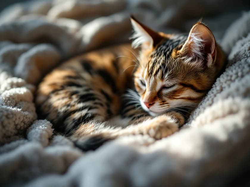 Pisică domestică adunată pe o pătură moale, cu o expresie retrasă și contemplativă.