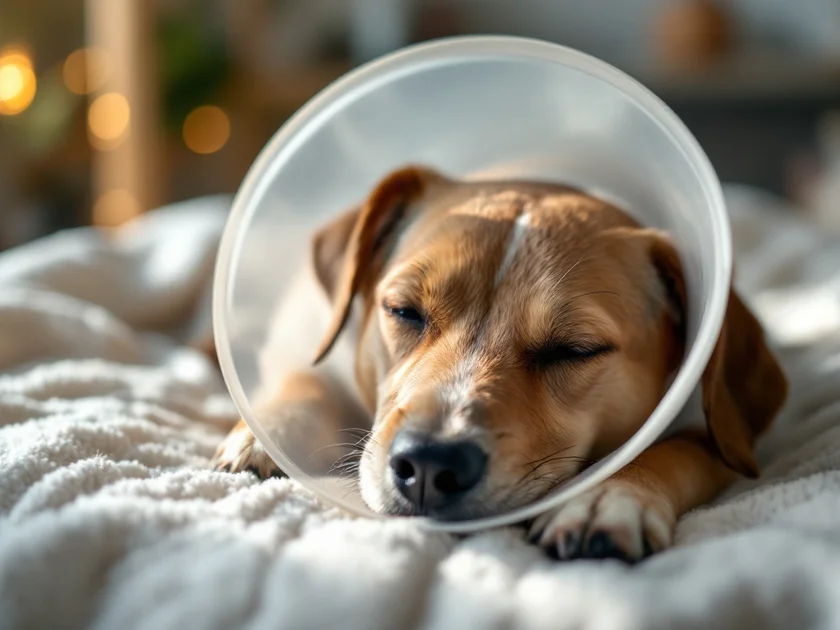 Câine relaxat pe o pătură moale, purtând guler de protecție, în perioada de recuperare post-operatorie.